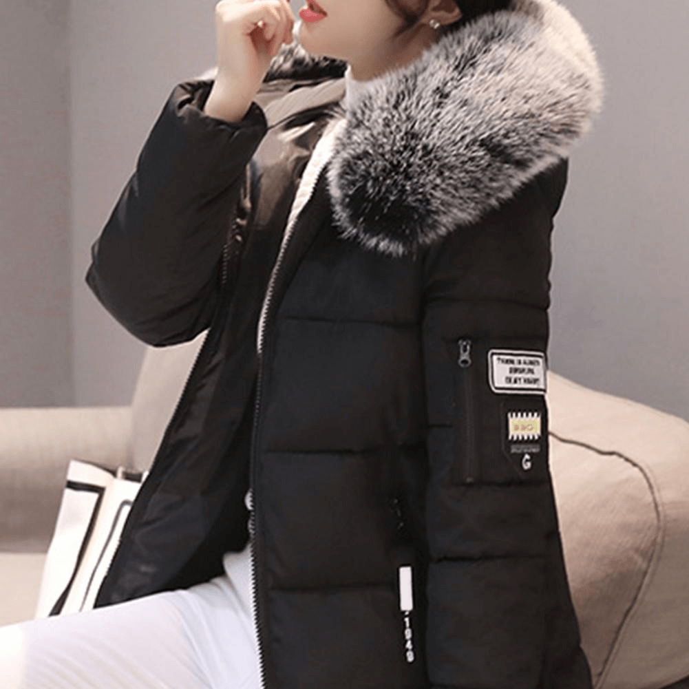 Women's Mid-Length Puffer Coat Hooded Windproof Winter Jacket Faux Fur Trim - Lolly 