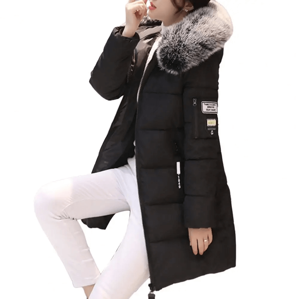 Women's Mid-Length Puffer Coat Hooded Windproof Winter Jacket Faux Fur Trim - Lolly 
