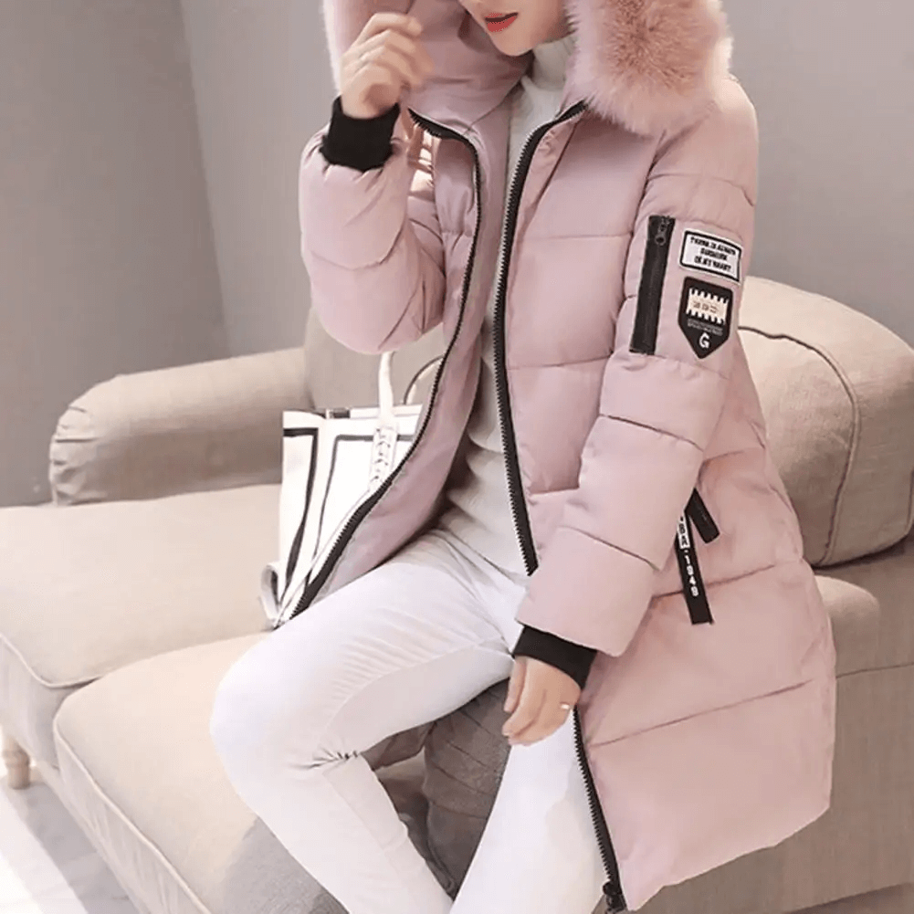 Women's Mid-Length Puffer Coat Hooded Windproof Winter Jacket Faux Fur Trim - Lolly 