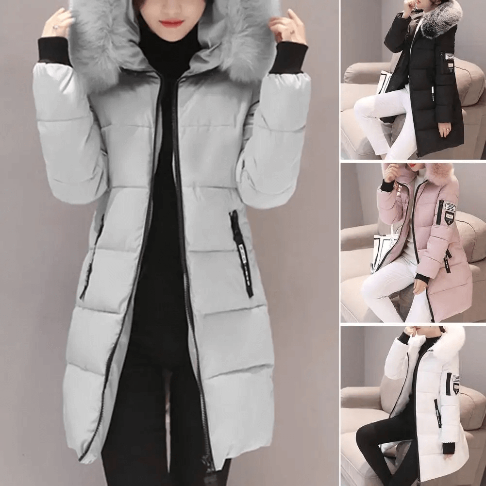 Women's Mid-Length Puffer Coat Hooded Windproof Winter Jacket Faux Fur Trim - Lolly 
