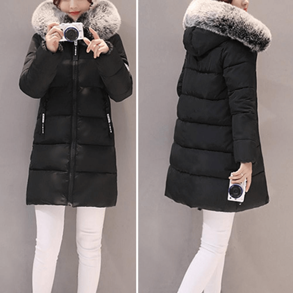 Women's Mid-Length Puffer Coat Hooded Windproof Winter Jacket Faux Fur Trim - Lolly 
