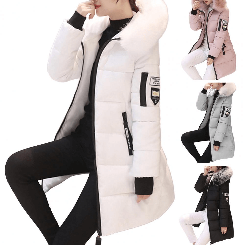 Women's Mid-Length Puffer Coat Hooded Windproof Winter Jacket Faux Fur Trim - Lolly 
