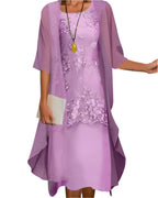 Women's Midi Wedding Guest Dress Sheer Fluid Sleeves Layered Silhouette Elegant Formal - Lolly 