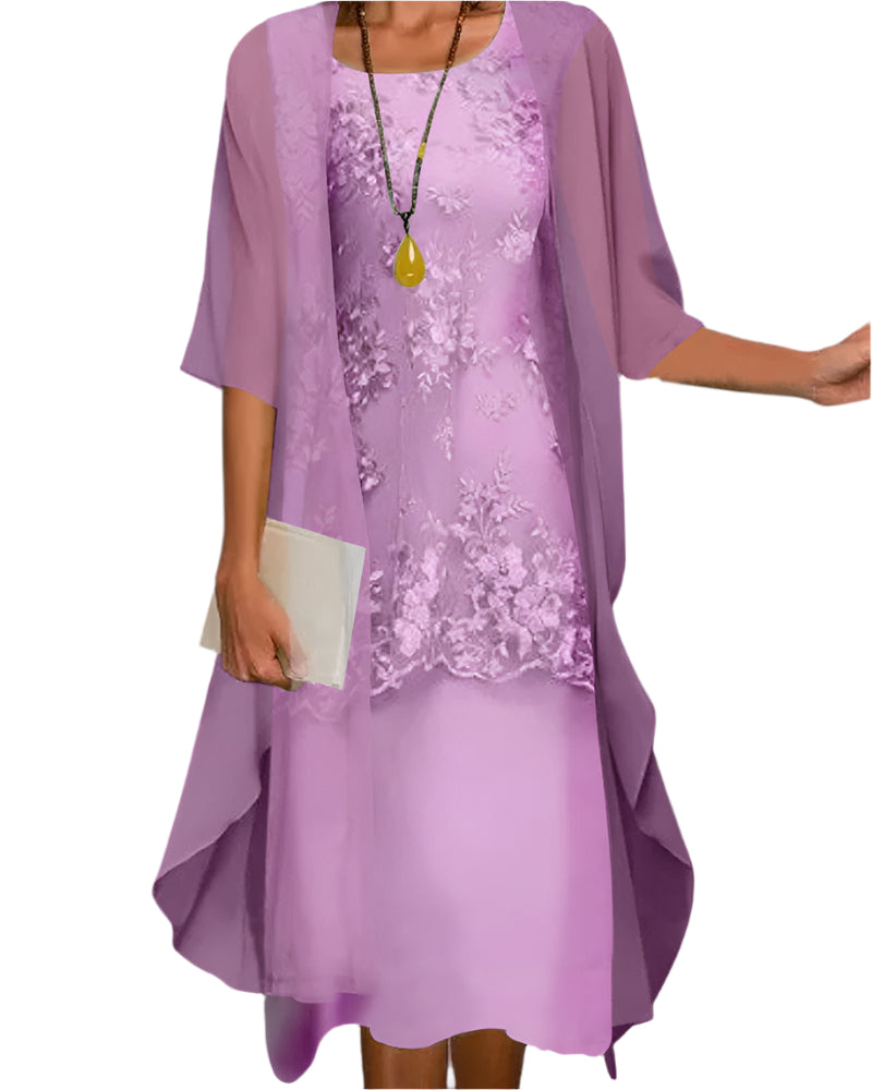 Women's Midi Wedding Guest Dress Sheer Fluid Sleeves Layered Silhouette Elegant Formal - Lolly 