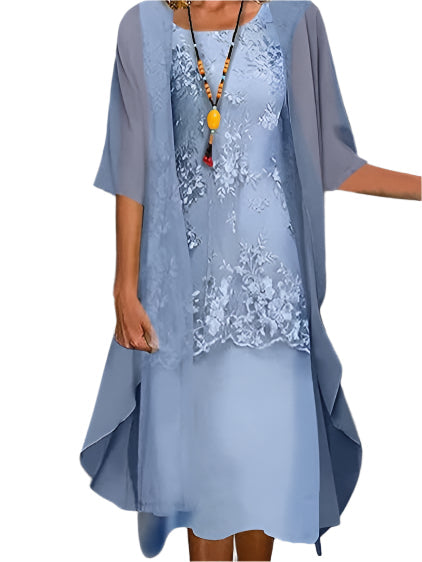 Women's Midi Wedding Guest Dress Sheer Fluid Sleeves Layered Silhouette Elegant Formal - Lolly 