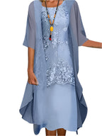 Women's Midi Wedding Guest Dress Sheer Fluid Sleeves Layered Silhouette Elegant Formal - Lolly 