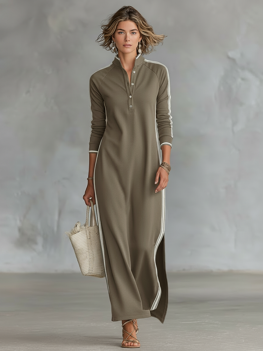 Women's Minimalist Casual Summer Long Dress Button-Down Collar White Trim Chic – Black - Lolly 