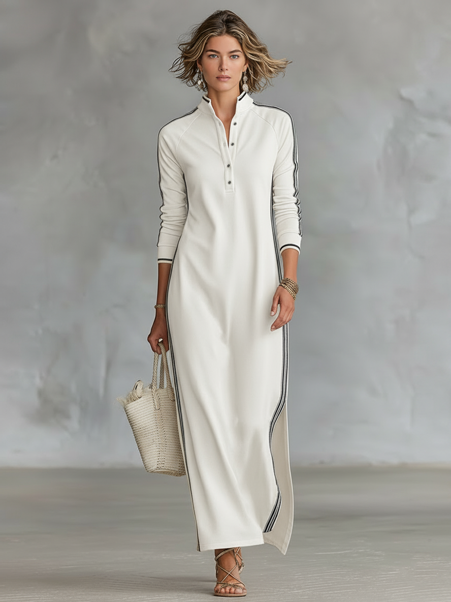 Women's Minimalist Casual Summer Long Dress Button-Down Collar White Trim Chic – Black - Lolly 