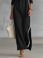 Women's Minimalist Casual Summer Long Dress Button-Down Collar White Trim Chic – Black - Lolly 