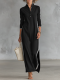 Women's Minimalist Casual Summer Long Dress Button-Down Collar White Trim Chic – Black - Lolly 