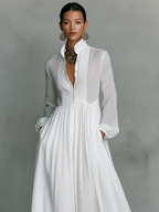 Women's Minimalist Cotton Linen Casual Formal Long Dress Stand-Up Collar Single-Breasted Elegant – White - Lolly 