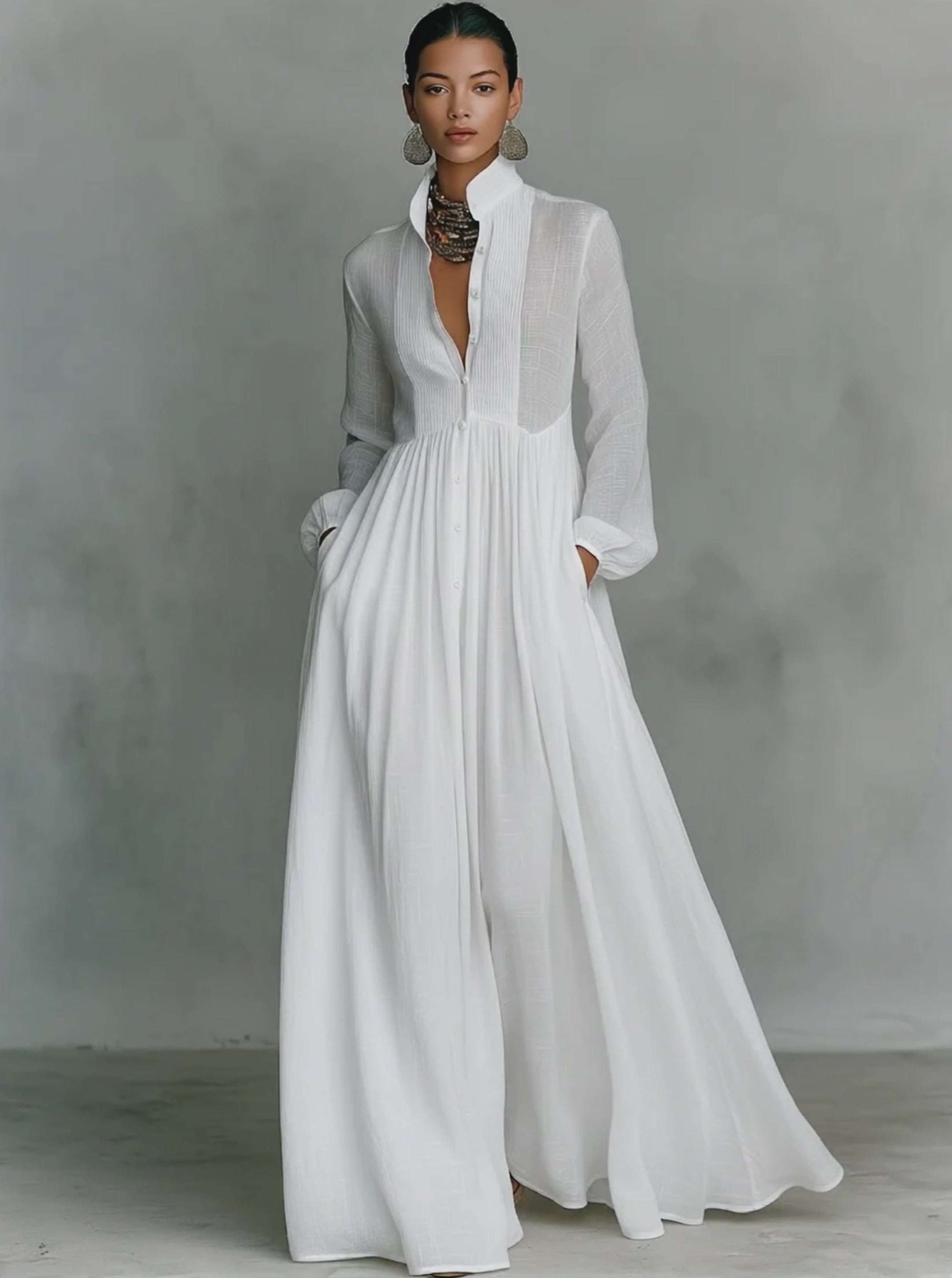 Women's Minimalist Cotton Linen Casual Formal Long Dress Stand-Up Coll – Lolly