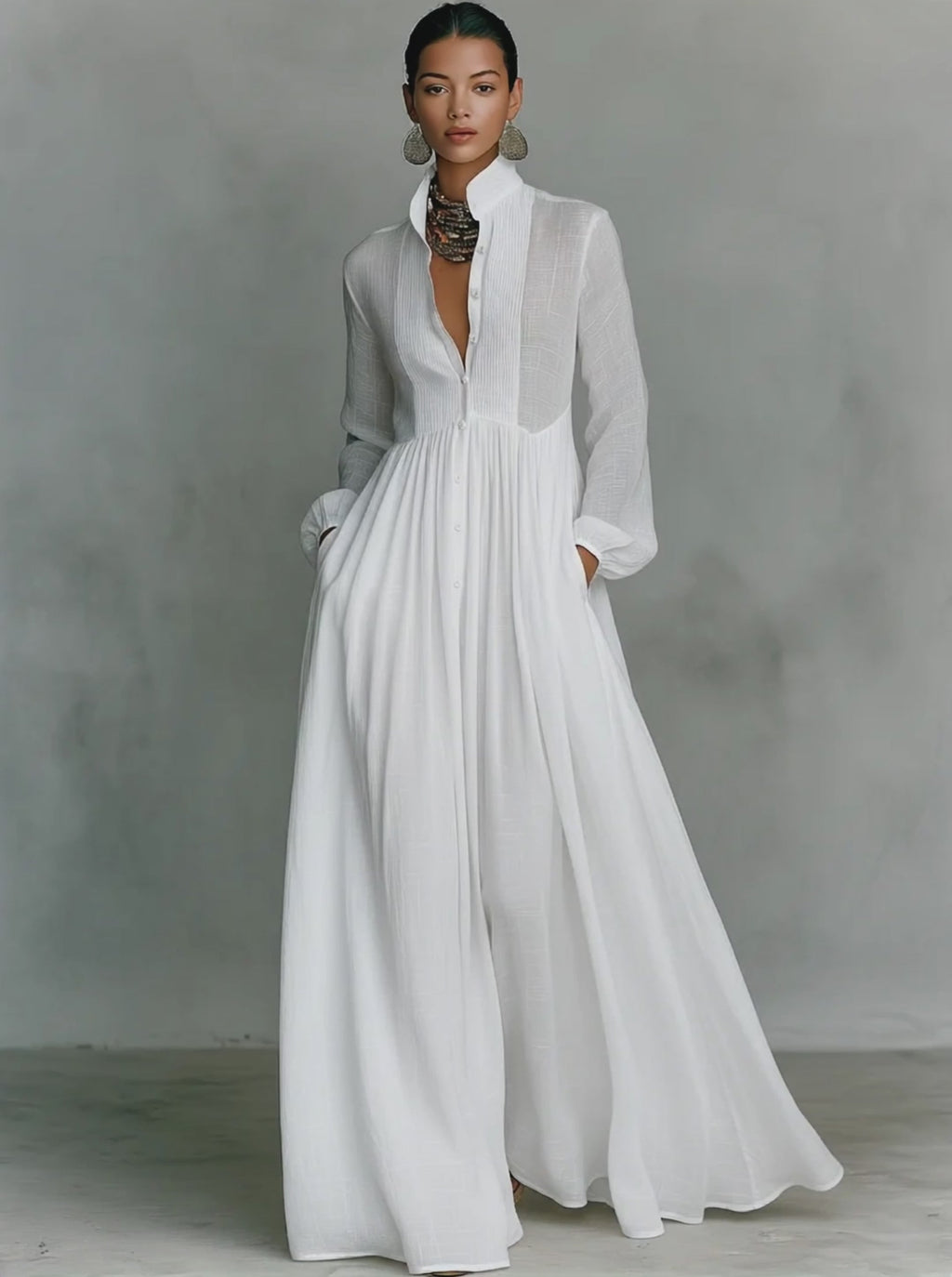 Women's Minimalist Cotton Linen Casual Formal Long Dress Stand-Up Collar Single-Breasted Elegant – White - Lolly 