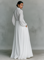 Women's Minimalist Cotton Linen Casual Formal Long Dress Stand-Up Collar Single-Breasted Elegant – White - Lolly 