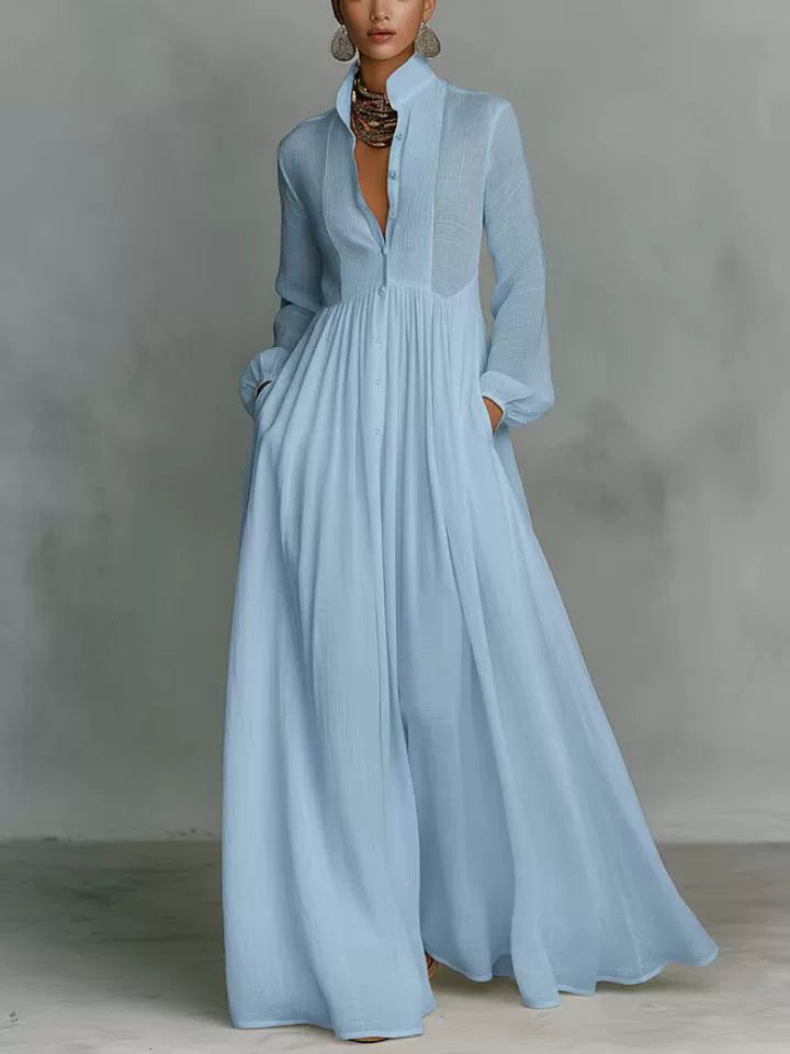 Long Sleeve Button Down Maxi Dress Pleated Chiffon Dress Light Blue / S
