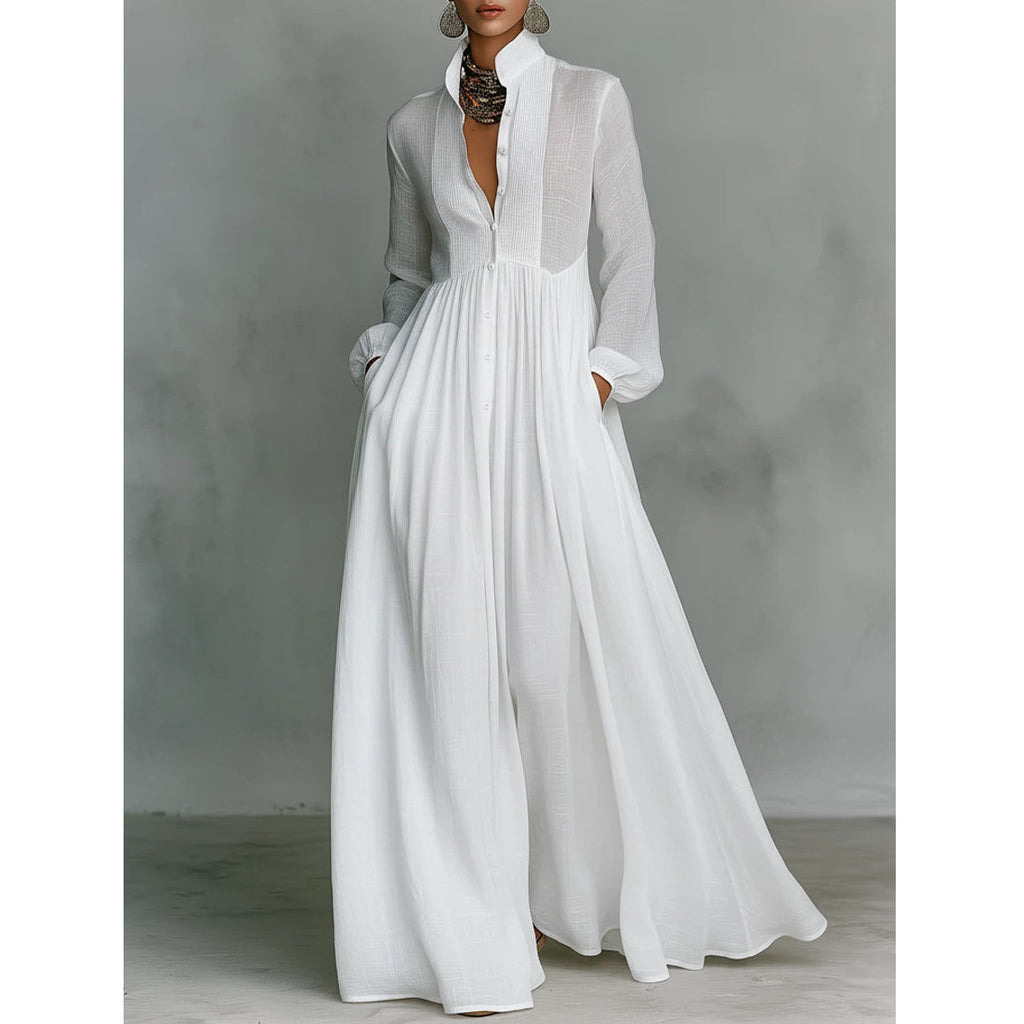 Women's Minimalist Cotton Linen Casual Formal Long Dress Stand-Up Collar Single-Breasted Elegant – White - Lolly 