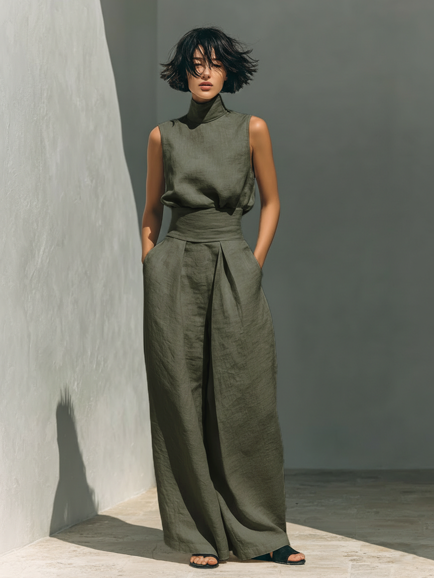 Women's Minimalist Cotton Linen Two-Piece Set Sleeveless Blouse Wide-Leg Pants Casual Chic – Beige - Lolly 