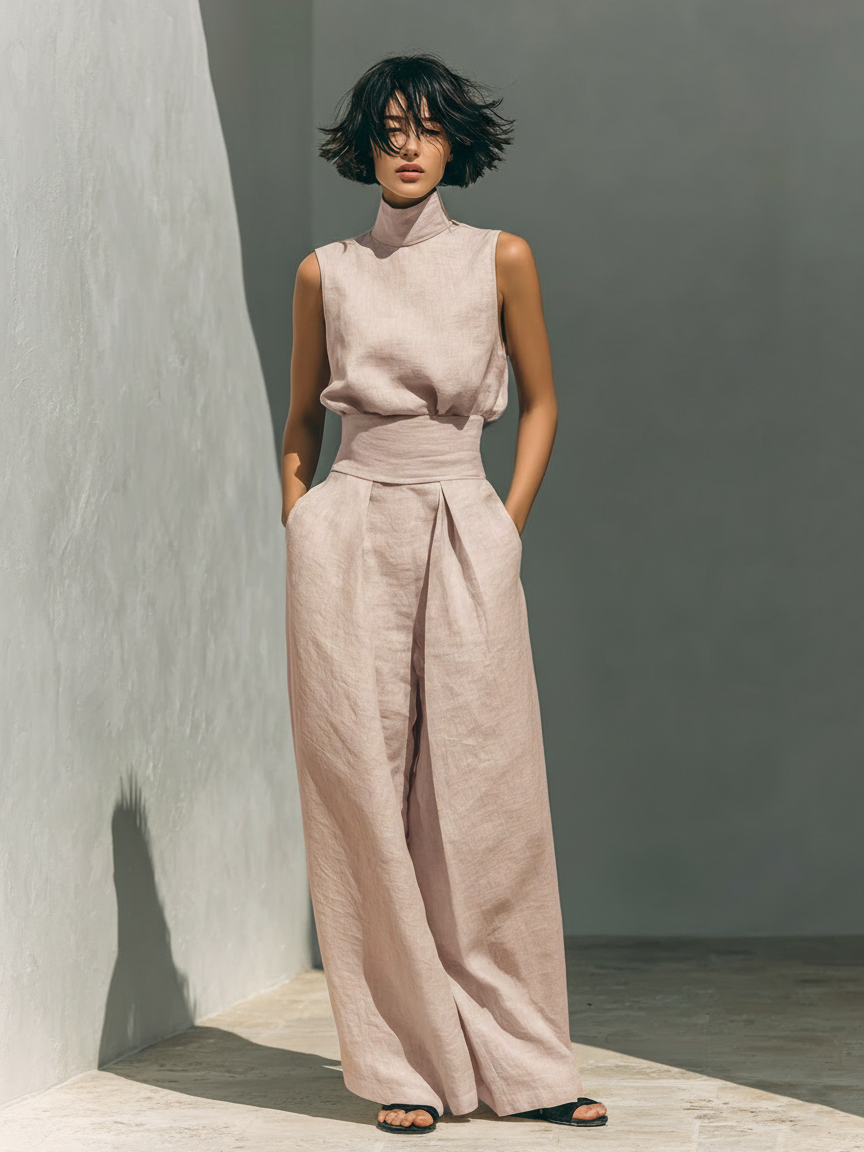 Women's Minimalist Cotton Linen Two-Piece Set Sleeveless Blouse Wide-Leg Pants Casual Chic – Beige - Lolly 