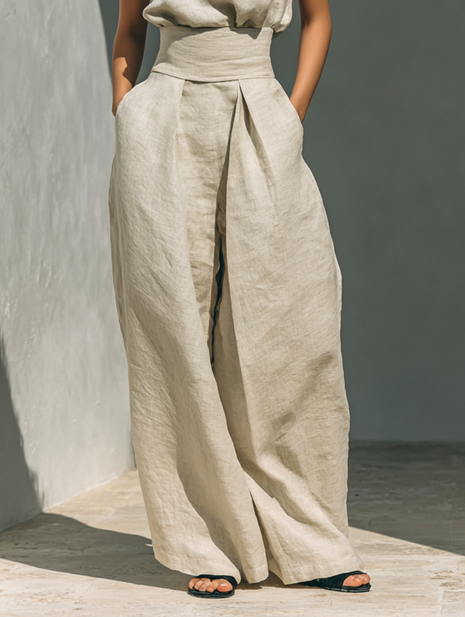 Women's Minimalist Cotton Linen Two-Piece Set Sleeveless Blouse Wide-Leg Pants Casual Chic – Beige - Lolly 