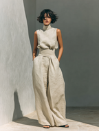 Women's Minimalist Cotton Linen Two-Piece Set Sleeveless Blouse Wide-Leg Pants Casual Chic – Beige - Lolly 