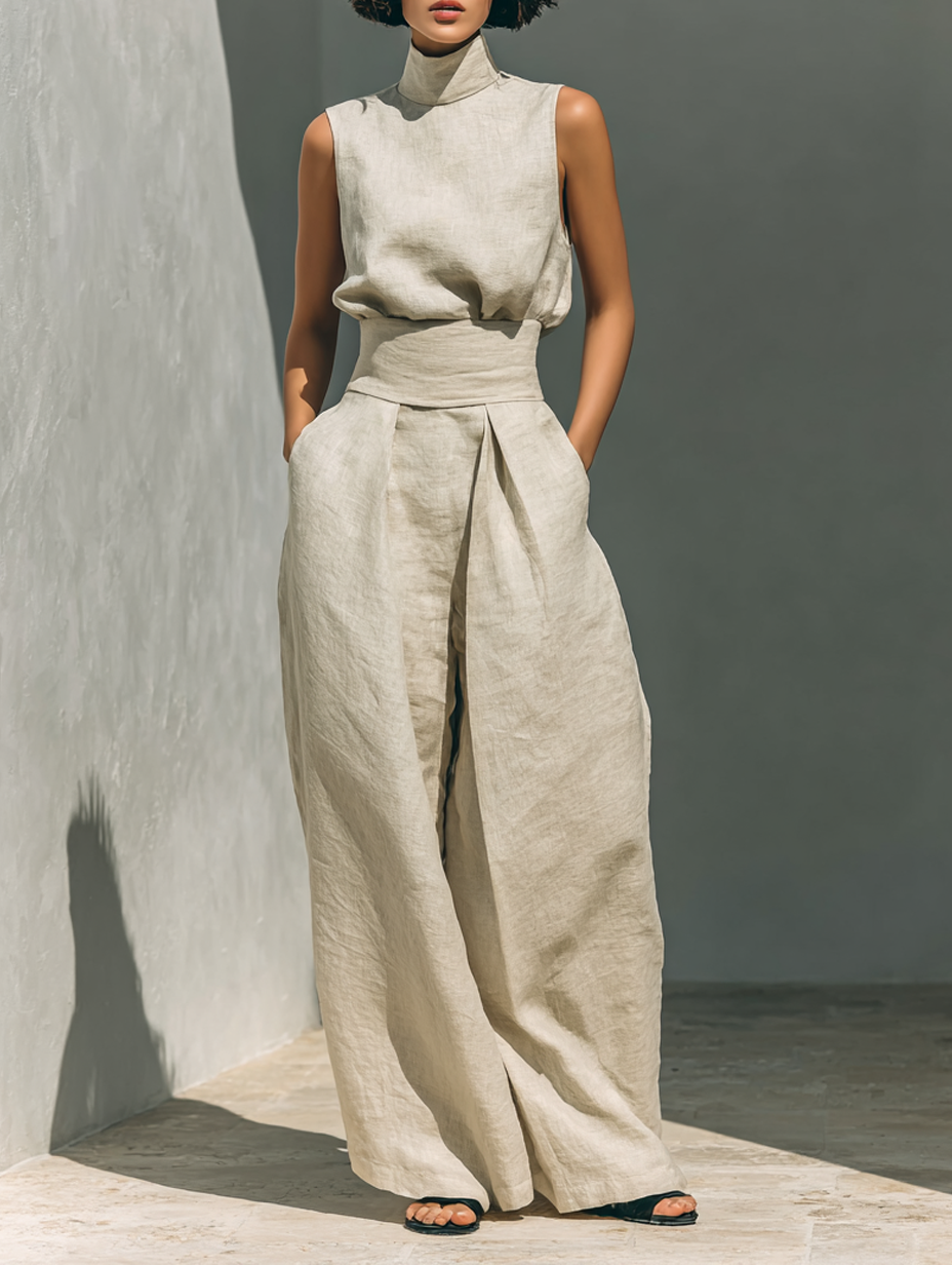 Women's Minimalist Cotton Linen Two-Piece Set Sleeveless Blouse Wide-Leg Pants Casual Chic – Beige - Lolly 