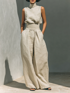Women's Minimalist Cotton Linen Two-Piece Set Sleeveless Blouse Wide-Leg Pants Casual Chic – Beige - Lolly 