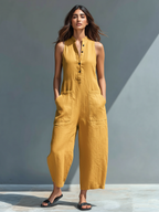 Women's Minimalist Linen Blend Button-up Stand-collar Sleeveless Loose Jumpsuit - Lolly 