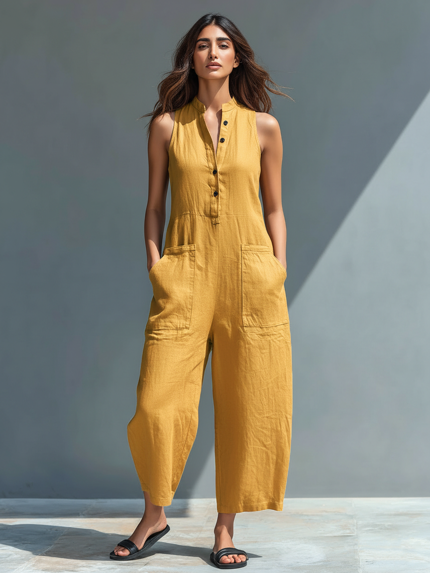 Women's Minimalist Linen Blend Button-up Stand-collar Sleeveless Loose Jumpsuit - Lolly 