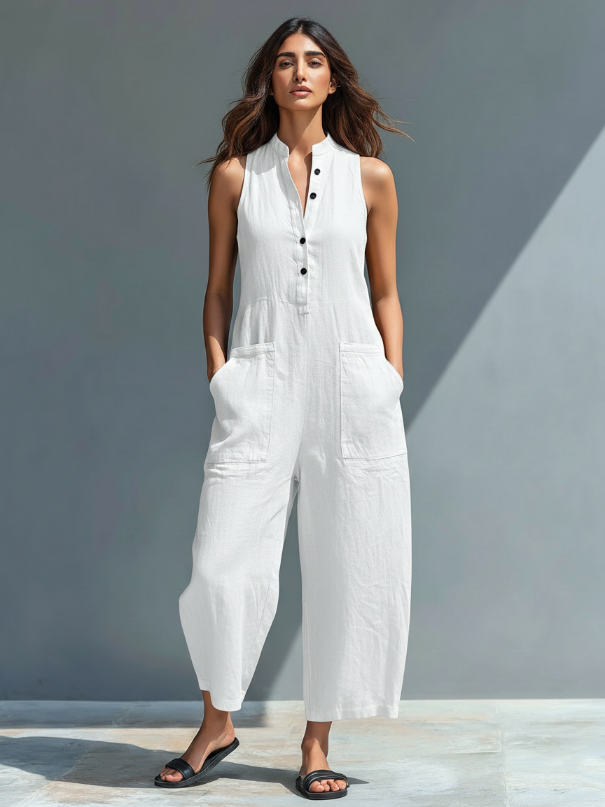Women's Minimalist Linen Blend Button-up Stand-collar Sleeveless Loose Jumpsuit - Lolly 