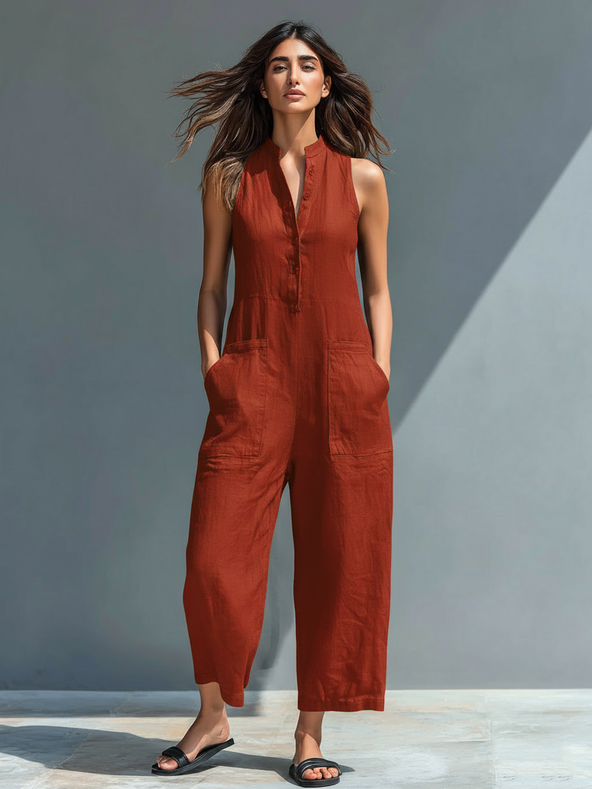 Women's Minimalist Linen Blend Button-up Stand-collar Sleeveless Loose Jumpsuit - Lolly 