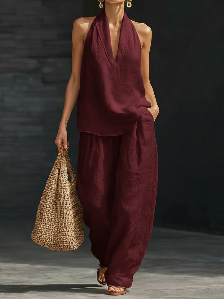 Women's Minimalist Linen Two-Piece Set Sleeveless V-Neck Top & Wide Leg Pants Casual Summer Beach Vacation Everyday Resort – Margaux - Lolly 