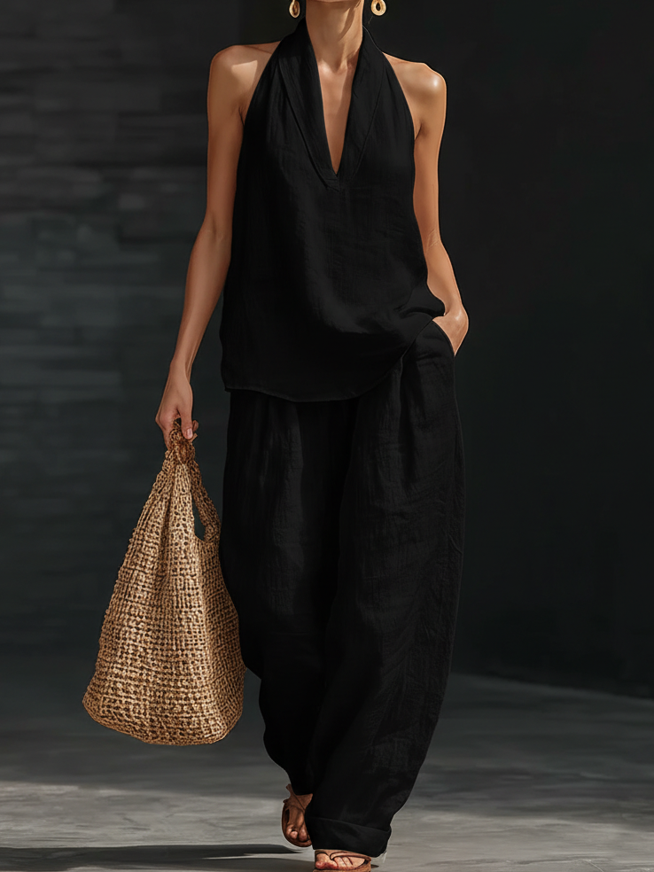 Women's Minimalist Linen Two-Piece Set Sleeveless V-Neck Top & Wide Leg Pants Casual Summer Beach Vacation Everyday Resort – Margaux - Lolly 