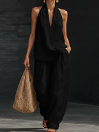 Women's Minimalist Linen Two-Piece Set Sleeveless V-Neck Top & Wide Leg Pants Casual Summer Beach Vacation Everyday Resort – Margaux - Lolly 