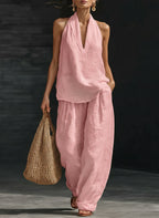 Women's Minimalist Linen Two-Piece Set Sleeveless V-Neck Top & Wide Leg Pants Casual Summer Beach Vacation Everyday Resort – Margaux - Lolly 