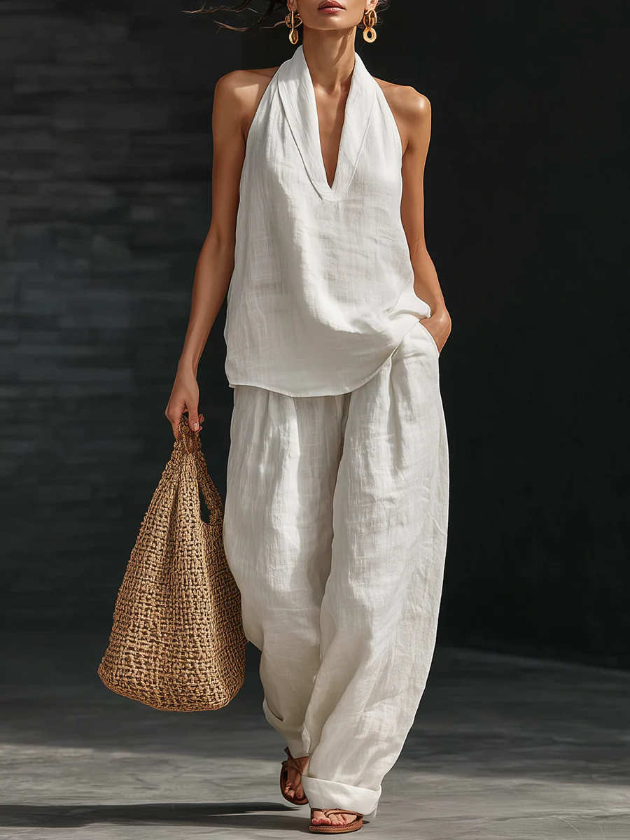 Women's Minimalist Linen Two-Piece Set Sleeveless V-Neck Top & Wide Leg Pants Casual Summer Beach Vacation Everyday Resort – Margaux - Lolly 