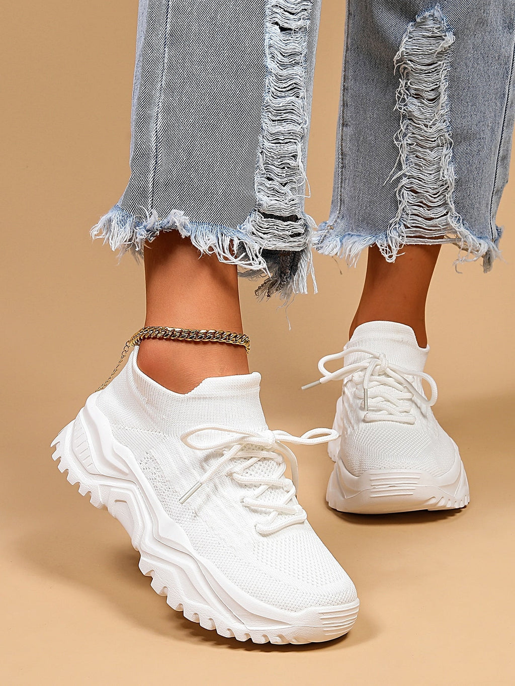 Women's Minimalist Thick Sole Orthopedic Shoes Lace-Up Platform Round Toe Casual Sport – White - Lolly 