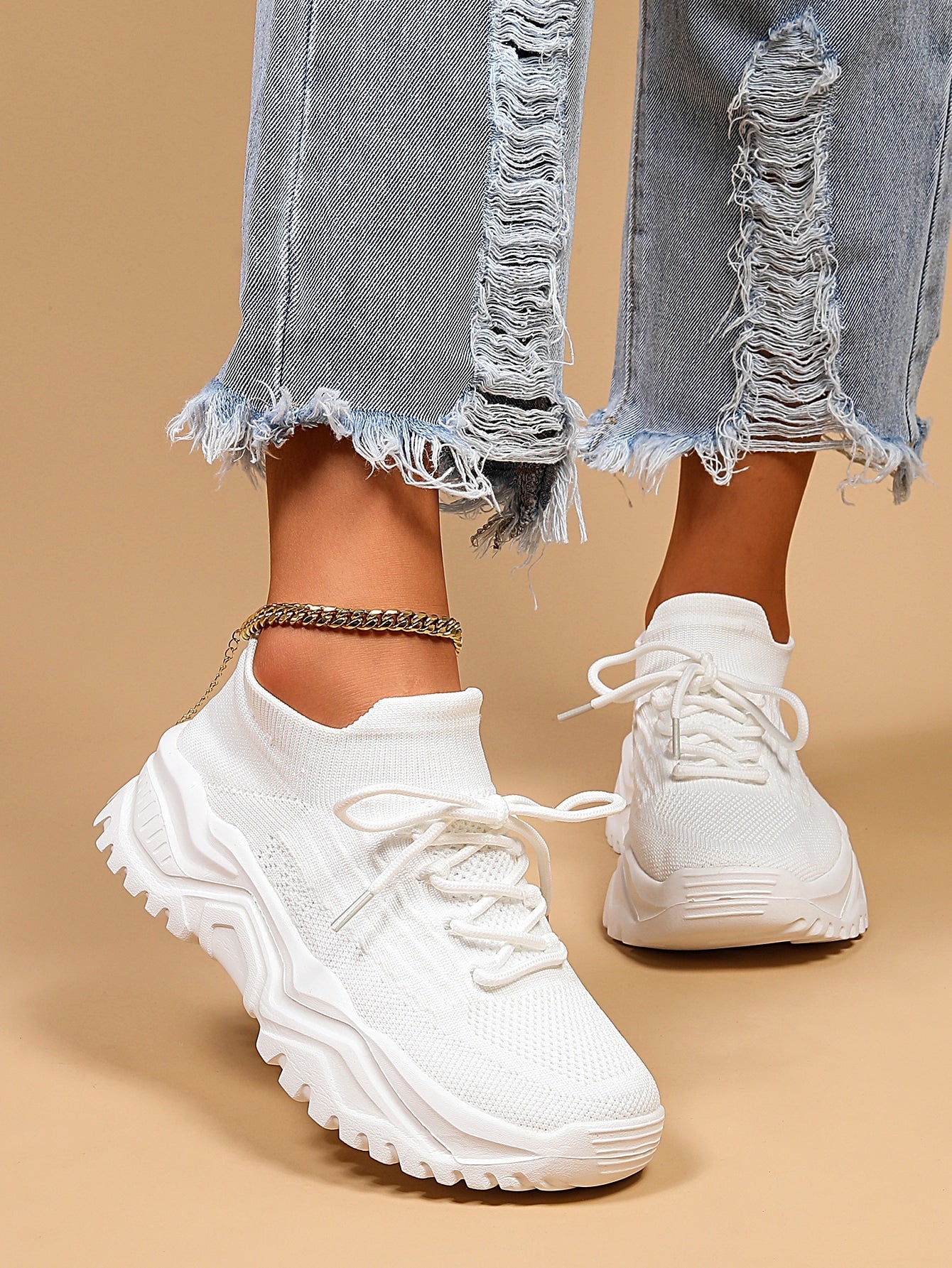 Women's Minimalist Thick Sole Orthopedic Shoes Lace-Up Platform Round Toe Casual Sport – White - Lolly 