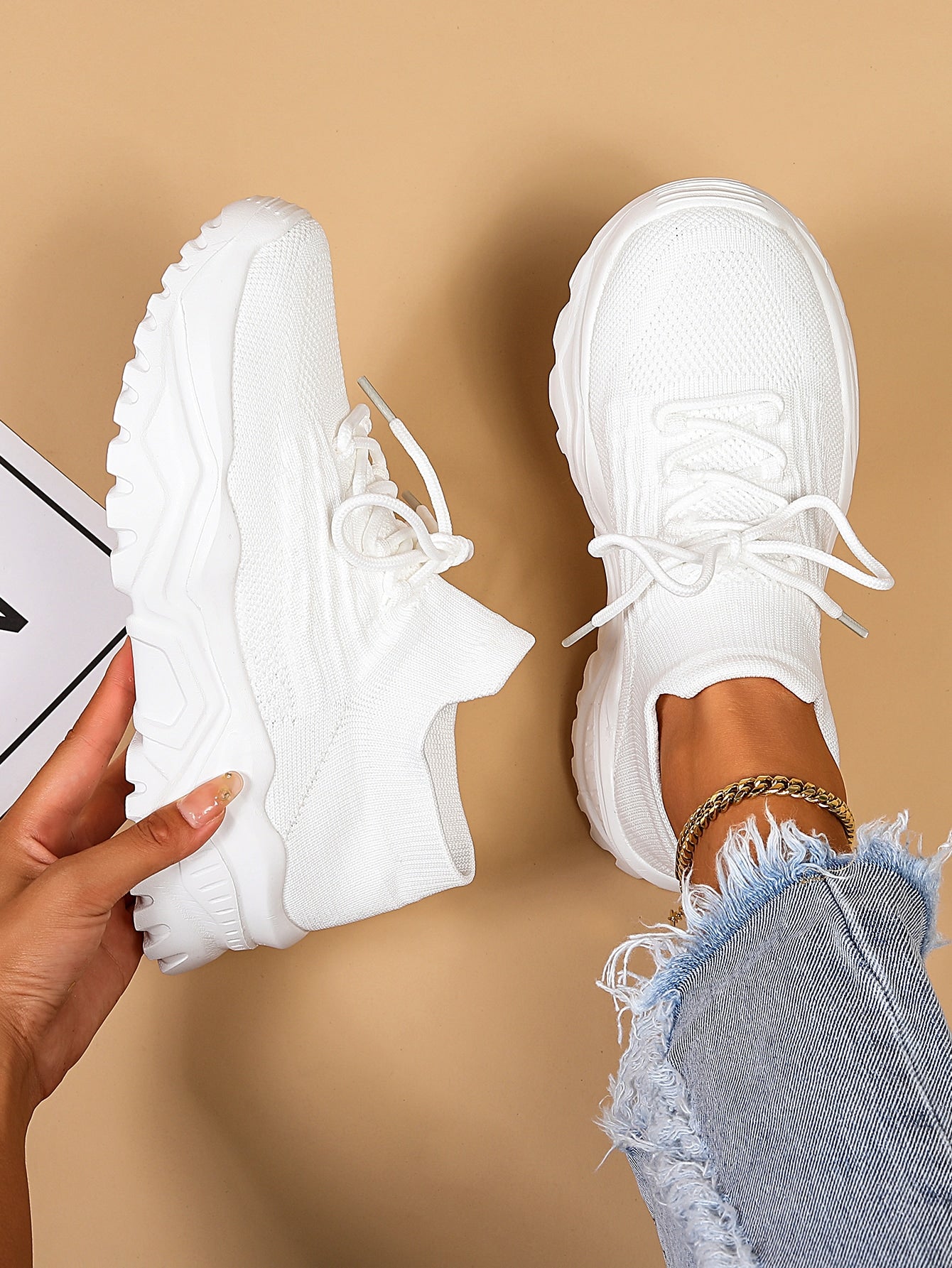 Women's Minimalist Thick Sole Orthopedic Shoes Lace-Up Platform Round Toe Casual Sport – White - Lolly 