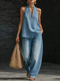 Women's Minimalist Two-Piece Denim Set Halter Top Wide Leg Pants Casual Everyday Streetwear Summer Vacation – Zaria - Lolly 