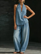 Women's Minimalist Two-Piece Denim Set Halter Top Wide Leg Pants Casual Everyday Streetwear Summer Vacation – Zaria - Lolly 