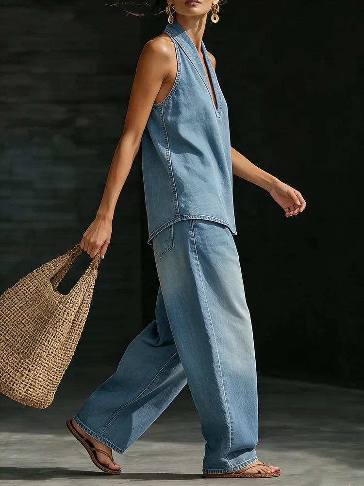 Women's Minimalist Two-Piece Denim Set Halter Top Wide Leg Pants Casual Everyday Streetwear Summer Vacation – Zaria - Lolly 