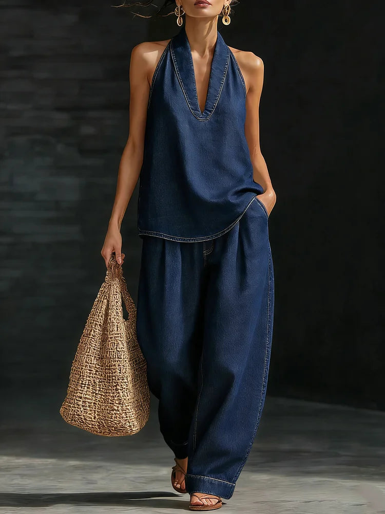 Women's Minimalist Two-Piece Denim Set Halter Top Wide Leg Pants Casual Everyday Streetwear Summer Vacation – Zaria - Lolly 