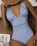 Women's Modern Striped One-Piece Swimsuit Plunge V-Neck Sculpting Waist Stretch Beach Summer Swimwear - Lolly 
