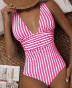 Women's Modern Striped One-Piece Swimsuit Plunge V-Neck Sculpting Waist Stretch Beach Summer Swimwear - Lolly 