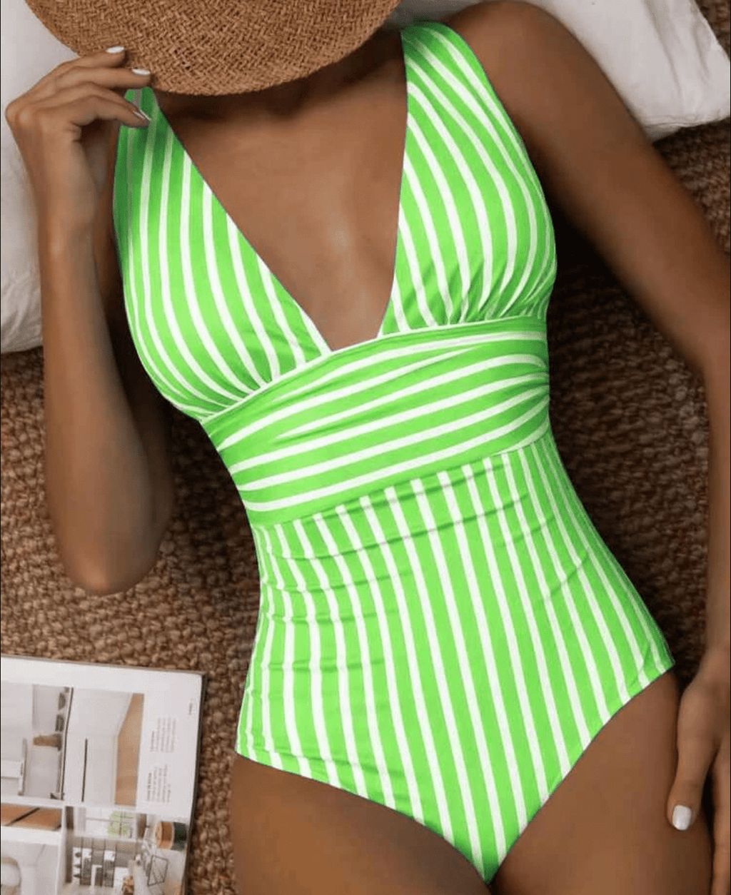 Women's Modern Striped One-Piece Swimsuit Plunge V-Neck Sculpting Waist Stretch Beach Summer Swimwear - Lolly 