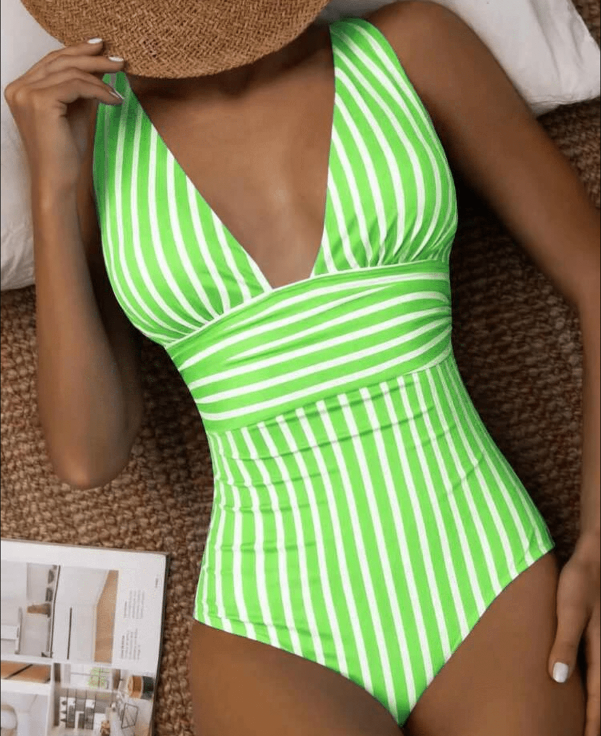 Women's Modern Striped One-Piece Swimsuit Plunge V-Neck Sculpting Waist Stretch Beach Summer Swimwear - Lolly 