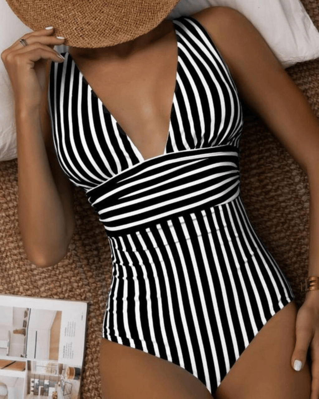 Women's Modern Striped One-Piece Swimsuit Plunge V-Neck Sculpting Waist Stretch Beach Summer Swimwear - Lolly 