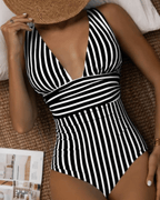 Women's Modern Striped One-Piece Swimsuit Plunge V-Neck Sculpting Waist Stretch Beach Summer Swimwear - Lolly 