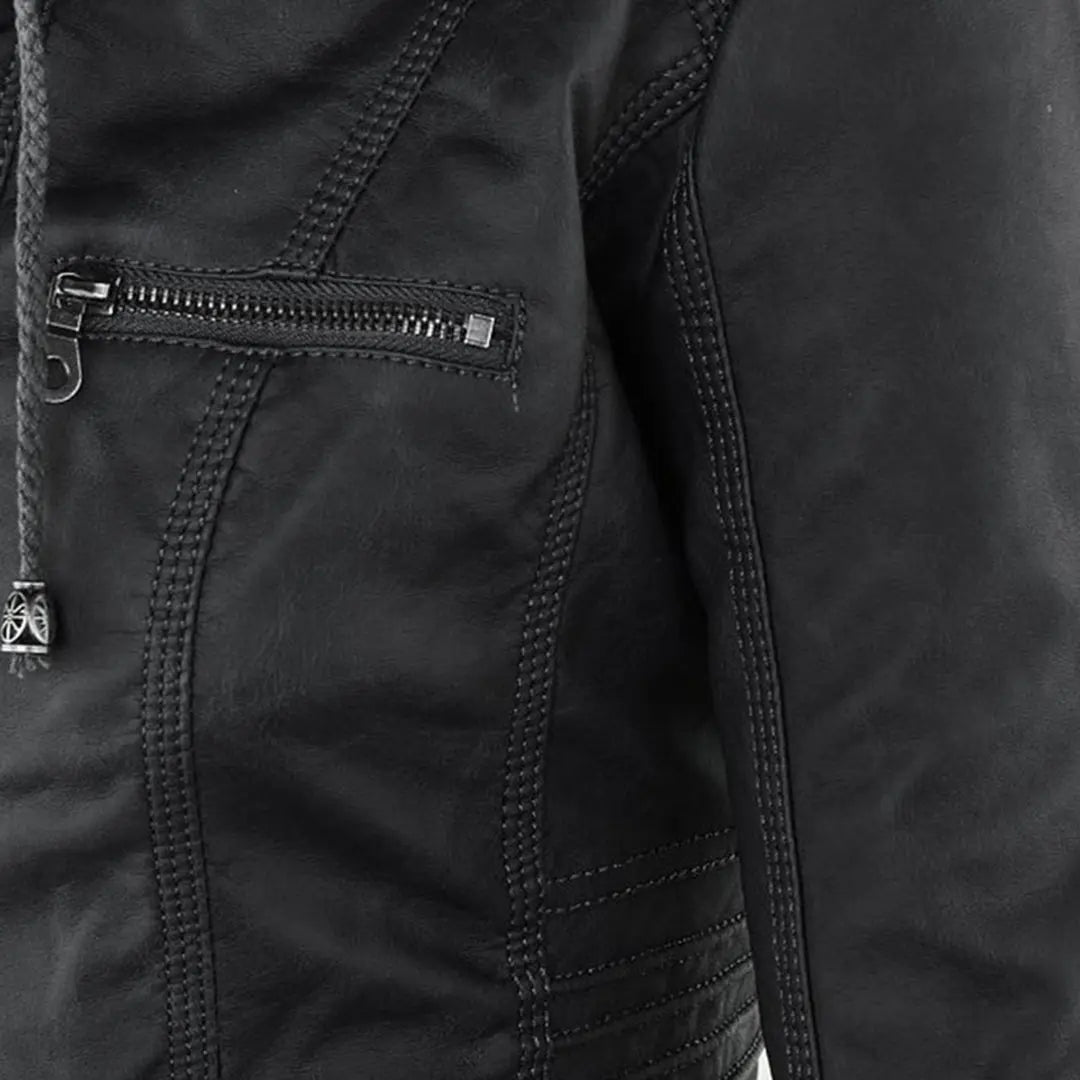 Women's Moto Jacket with Drawstring Hood and Zip Pockets - Lolly 