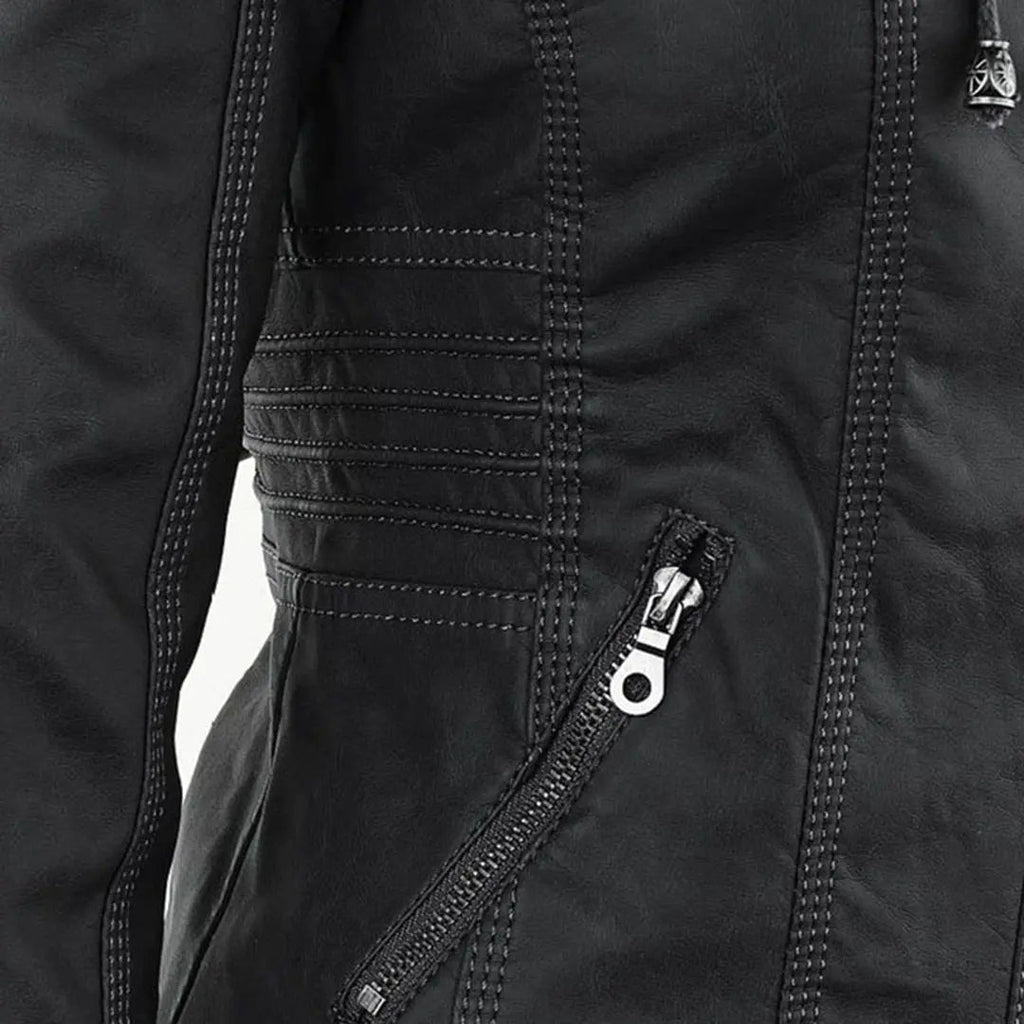 Women's Moto Jacket with Drawstring Hood and Zip Pockets - Lolly 